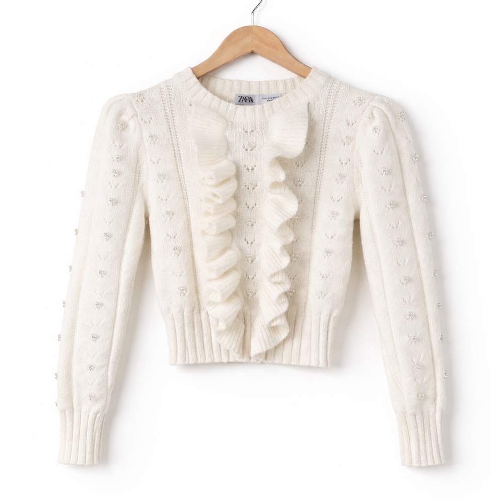 ZARA Cream/IvoryPearl Embellished Knit Sweater Ruffle cropped szS Unique Design